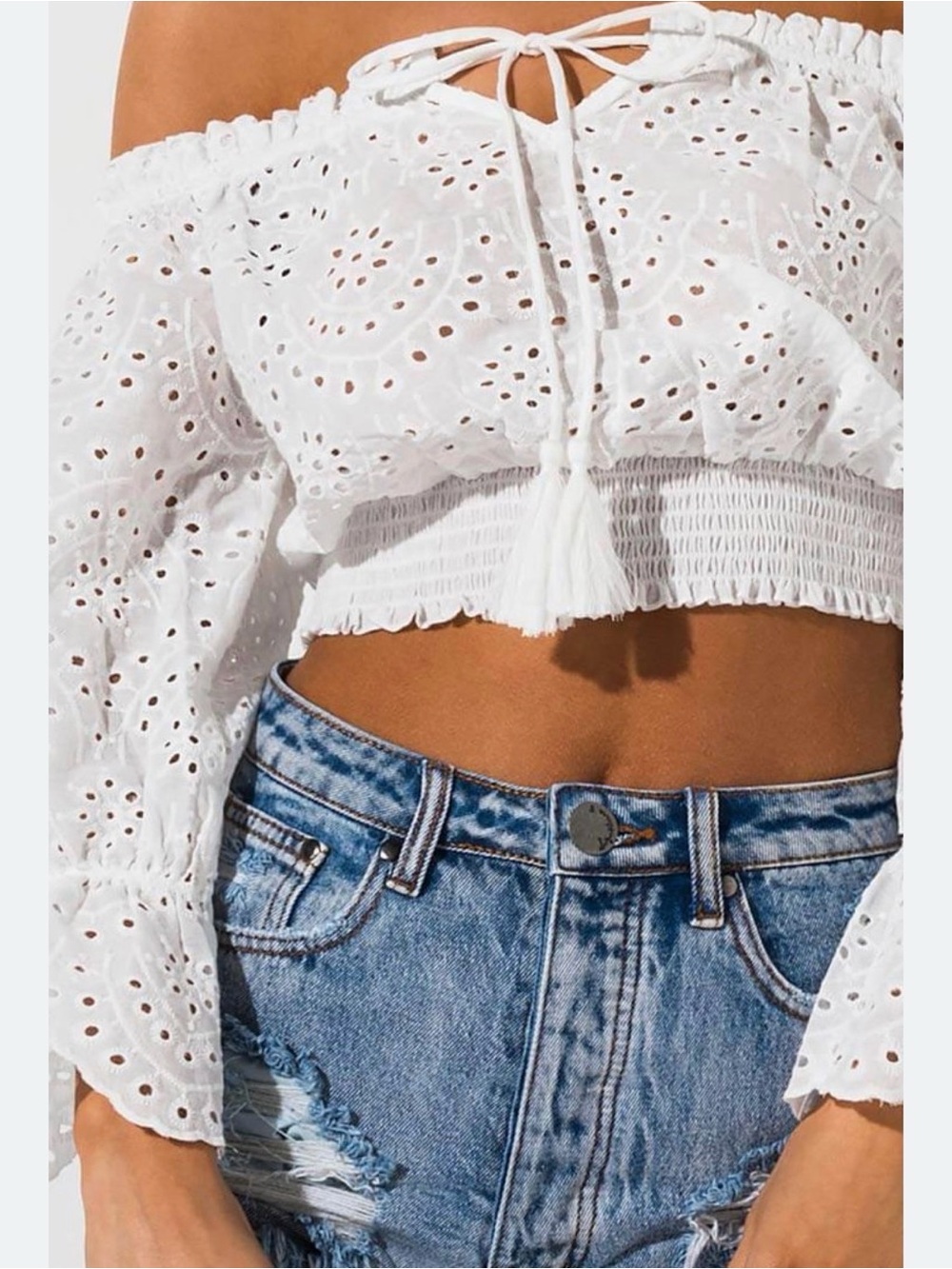 Flying Tomato White Eyelet Off-Shoulder Crop Top Gyspy BOHO Women Sz L